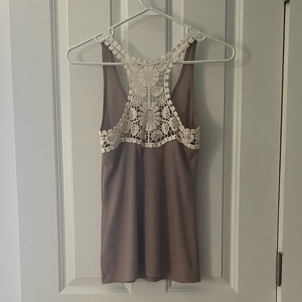 Colorado Lace-Back Ribbed Tank Top, Stone and Ivory, Womens S
